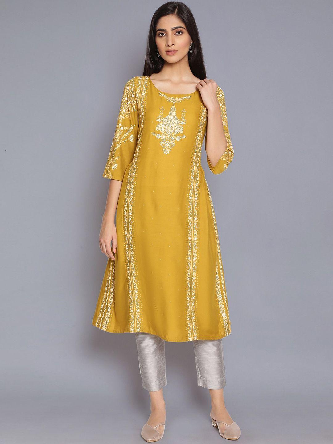 w women green & white ethnic motifs printed kurta