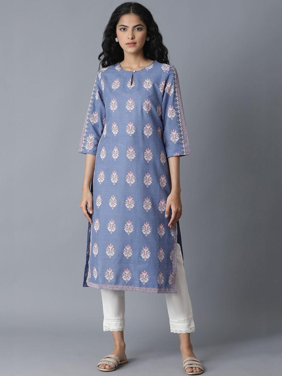 w women blue & white ethnic motifs printed keyhole neck cotton kurta