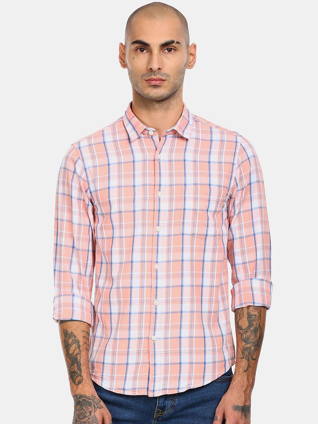 ruggers men peach-coloured & white checked cotton casual shirt