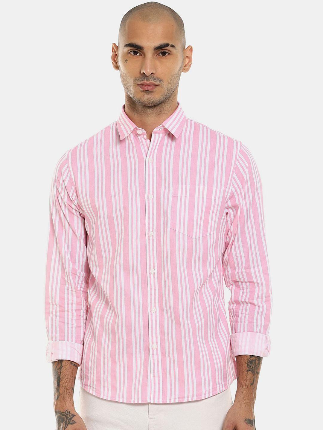 ruggers men pink & white striped cotton casual shirt