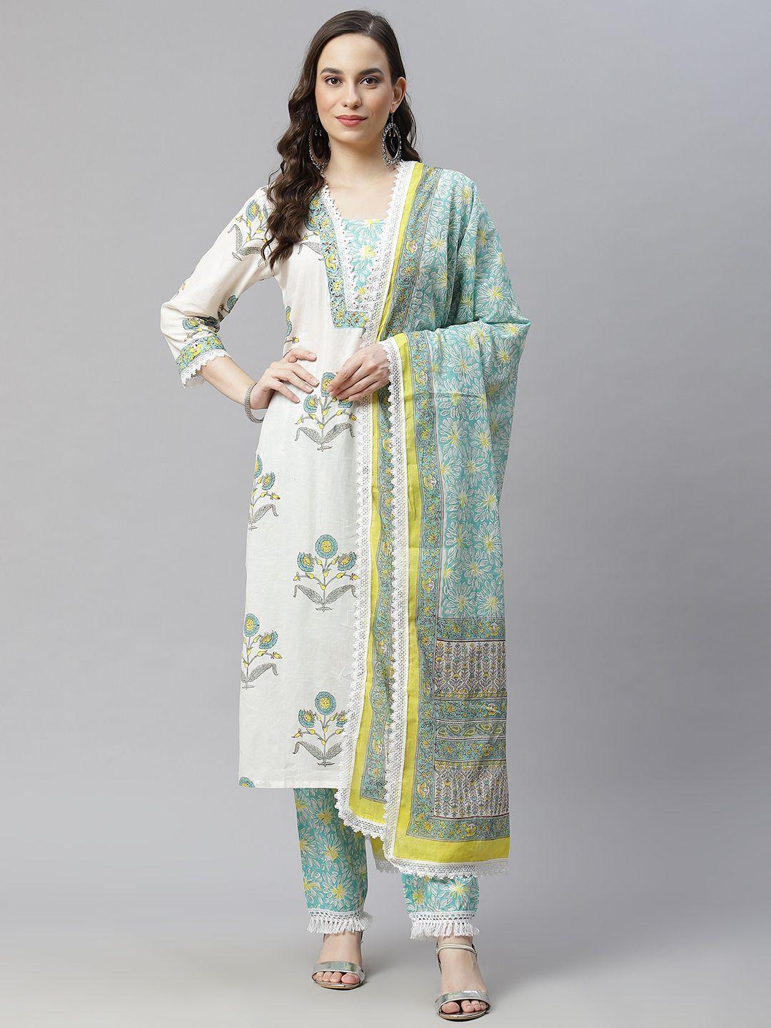 hatheli women white hand block printed pure cotton kurta with palazzos & dupatta