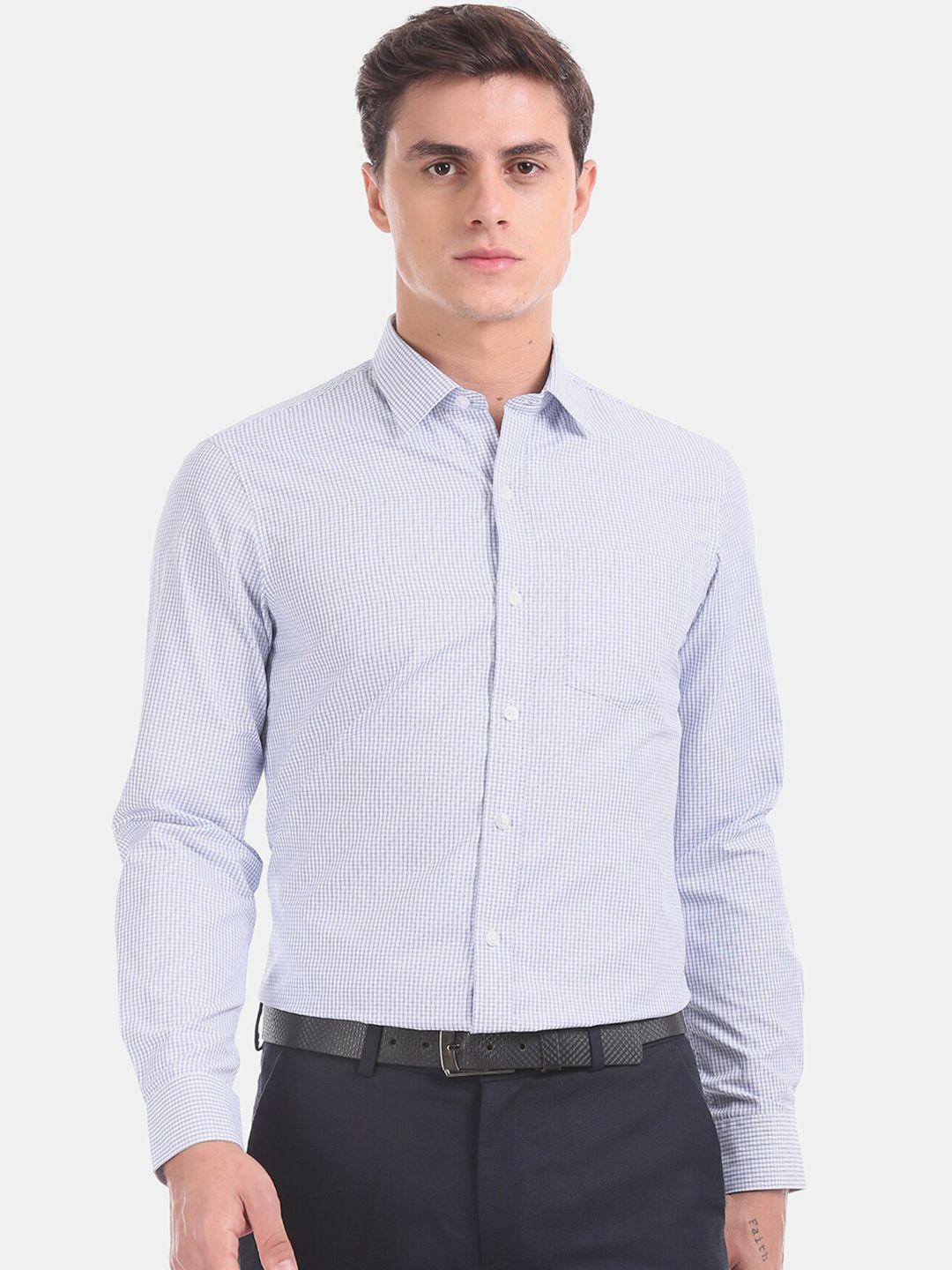 excalibur men blue slim fit micro checks opaque formal  shirt