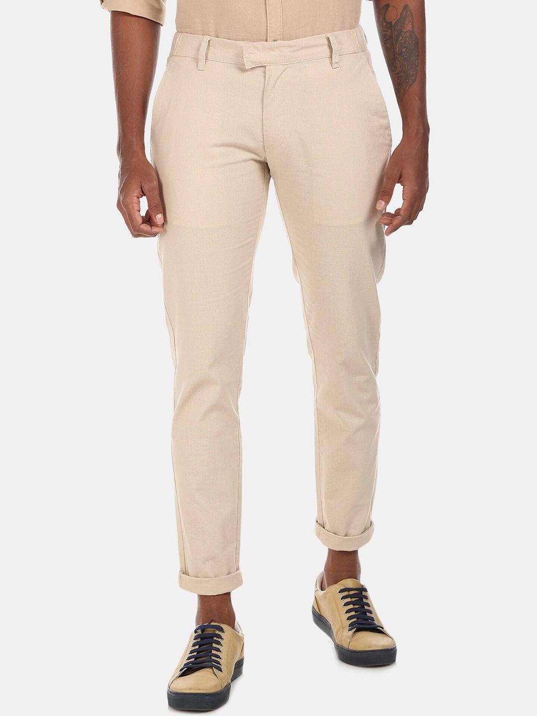 ruggers men beige slim fit trousers