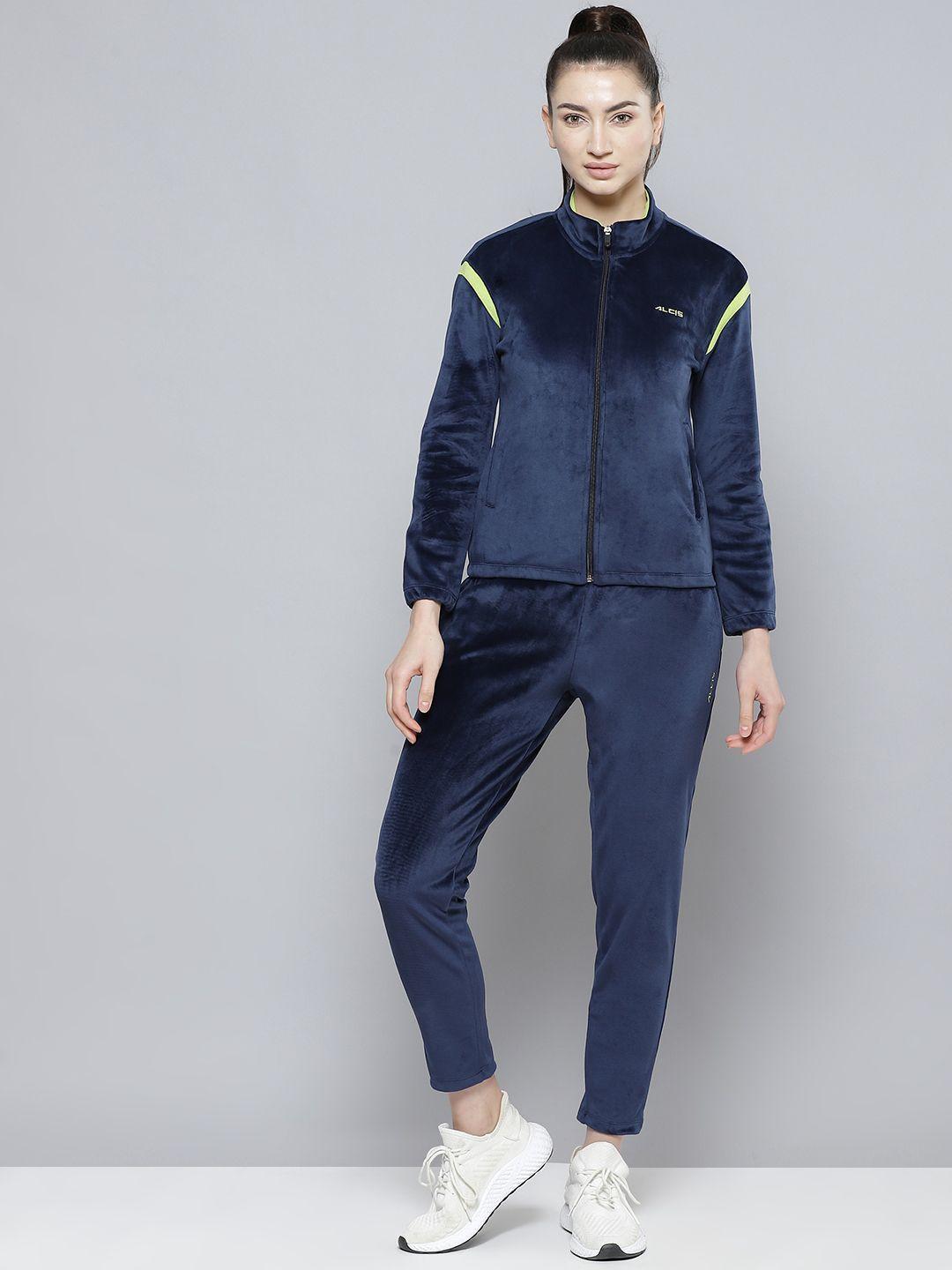 alcis women navy blue solid velvet finish tracksuit