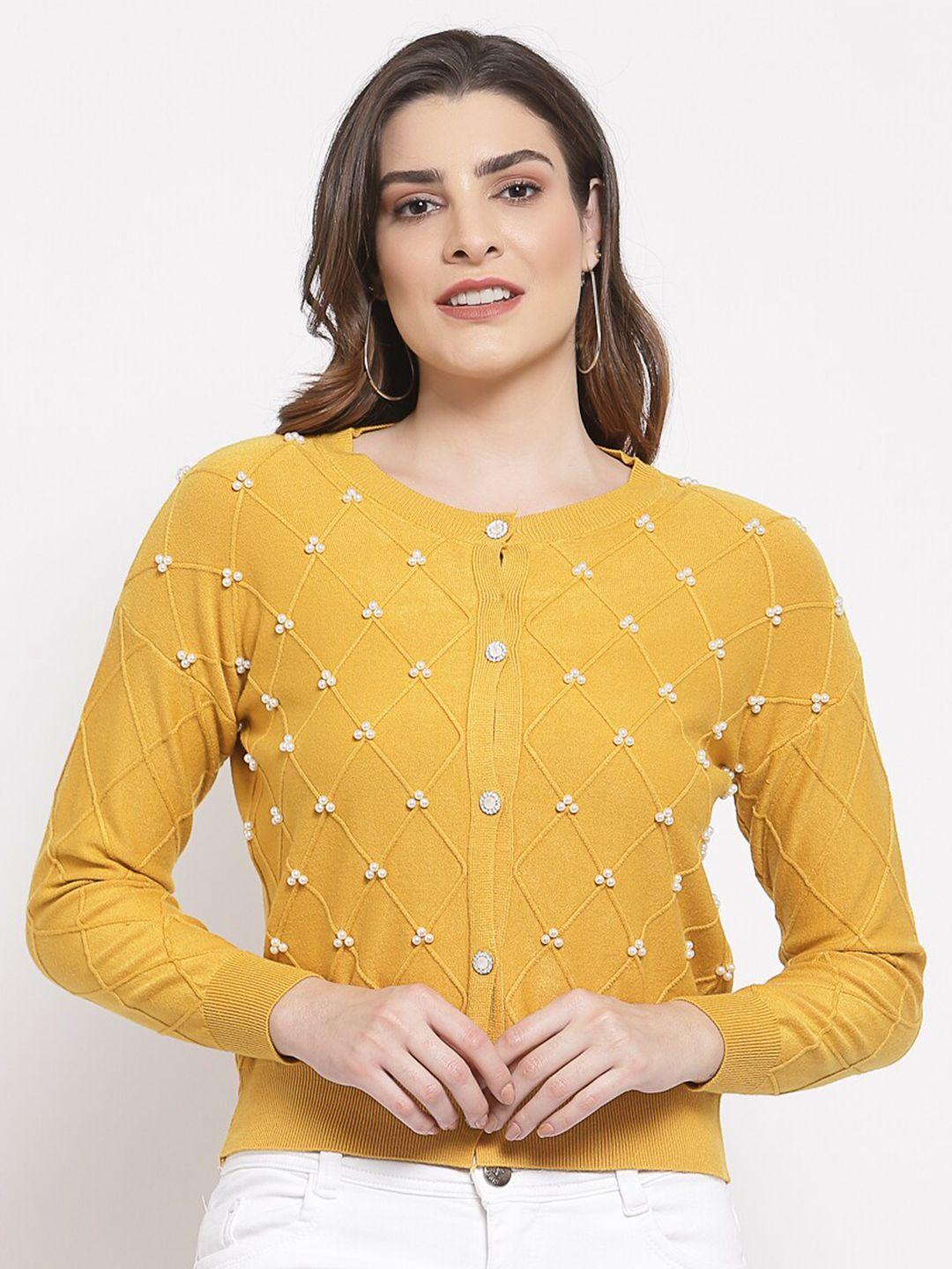 mafadeny women mustard yellow & white cardigan with embellished detail