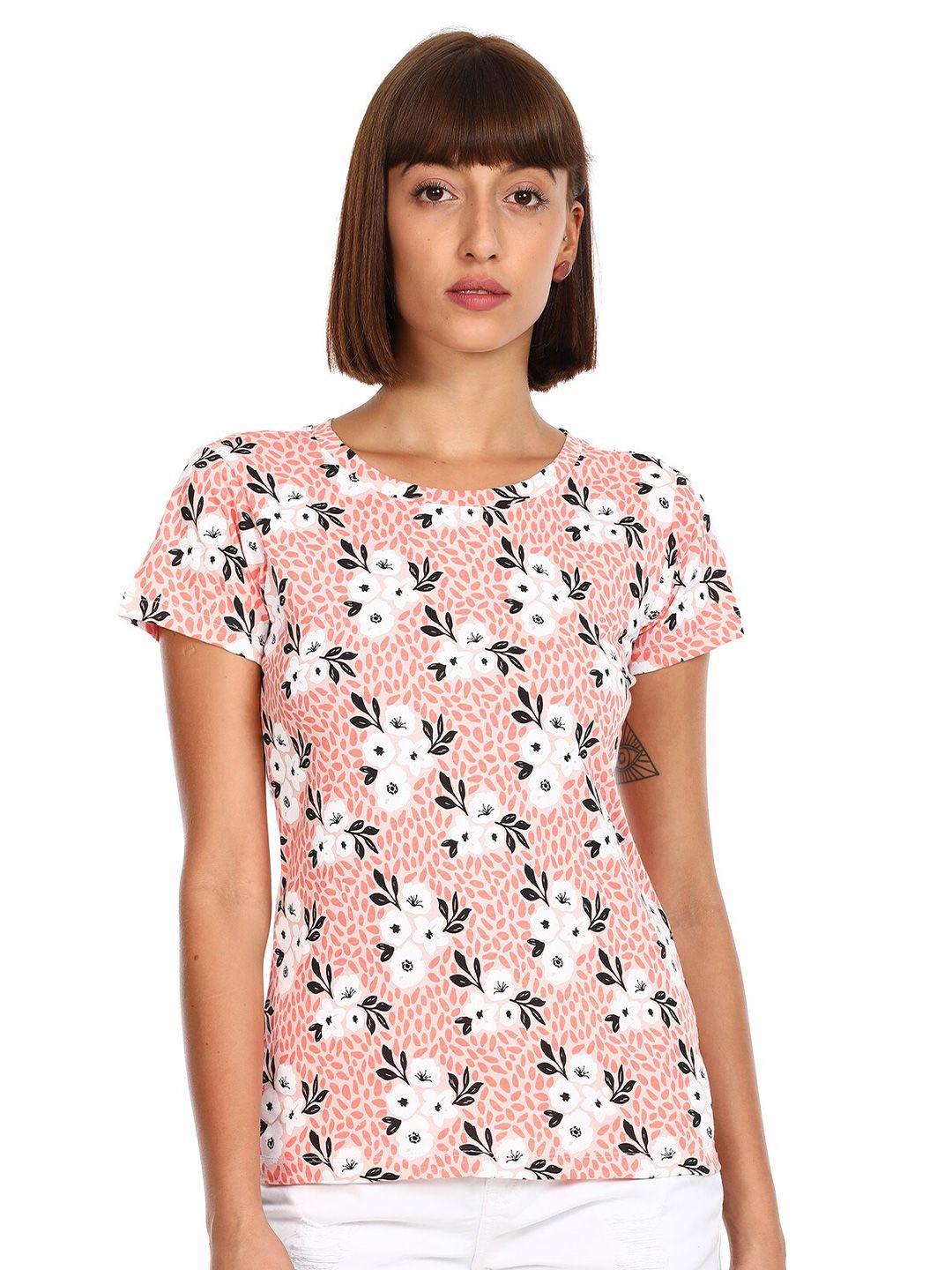 sugr women peach-coloured & black floral printed t-shirt