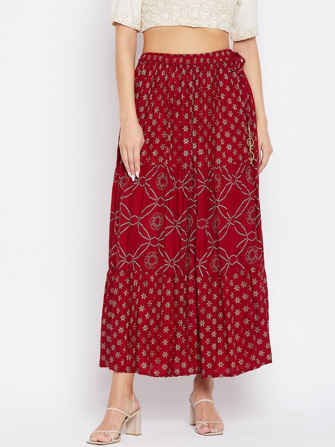 clora creation women maroon & gold-coloured geometric printed flared maxi skirt