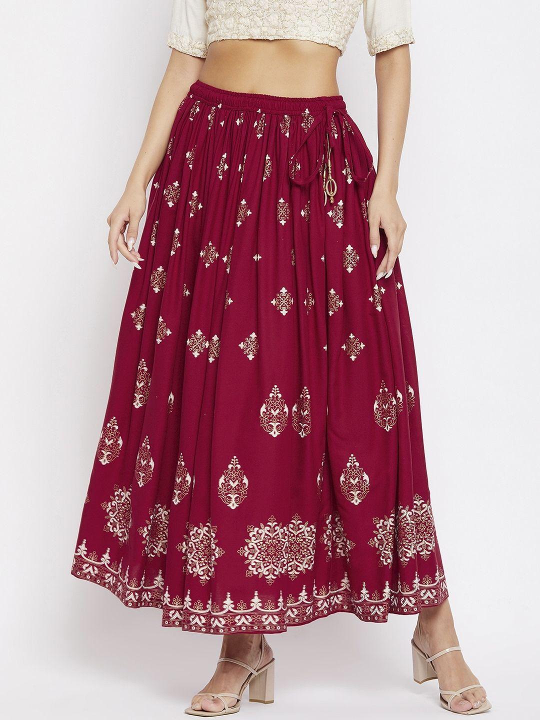 clora creation women maroon & gold-coloured printed flared maxi skirt