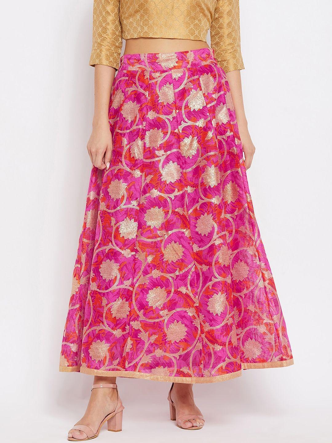 clora creation women magenta & gold floral printed maxi length flared skirt