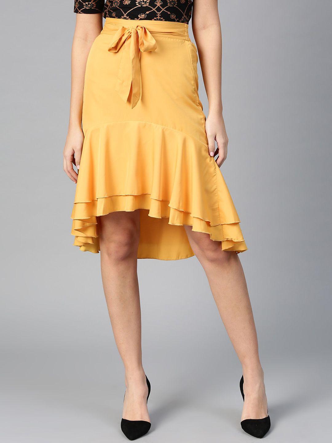 bitterlime women mustard-yellow solid layered ruffled a-line skirt