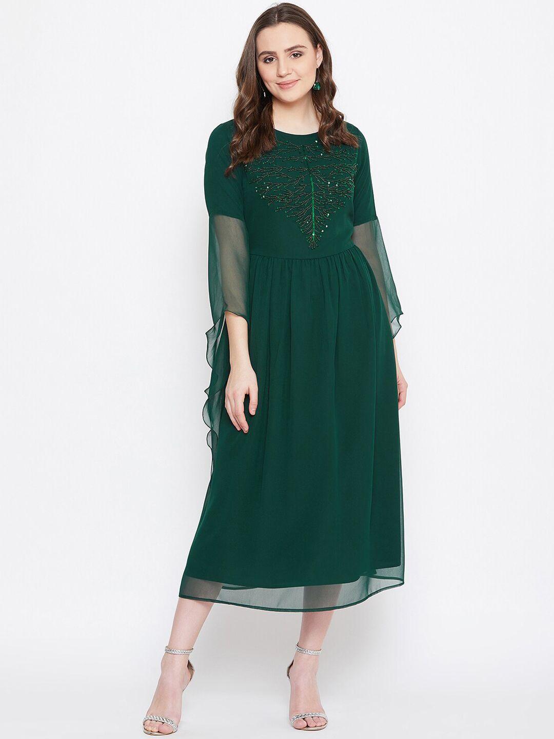 bitterlime women green embellished hand sequined a-line midi dress