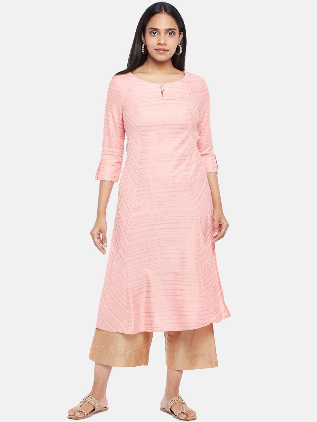 rangmanch by pantaloons women peach-coloured striped keyhole neck kurta