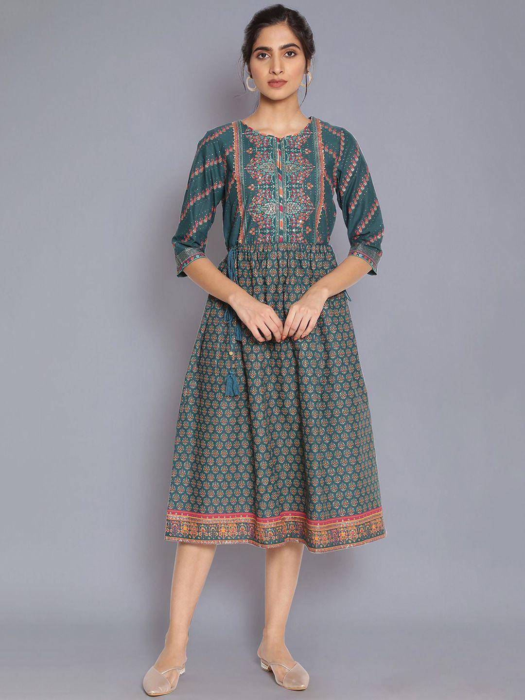 w women green & pink ethnic motifs keyhole neck midi dress