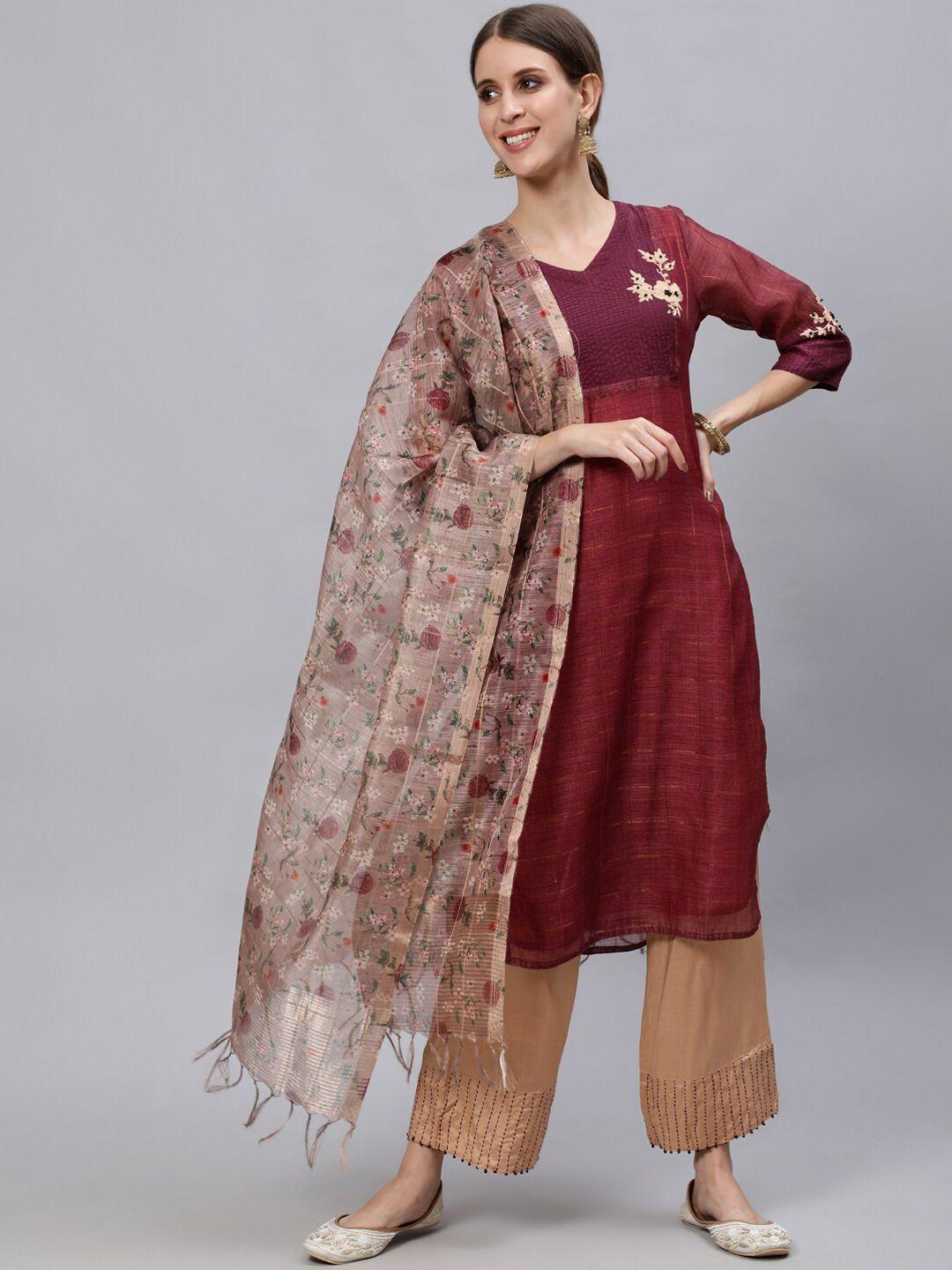 jaipur kurti women magenta regular thread work chanderi silk kurta with trousers & with dupatta