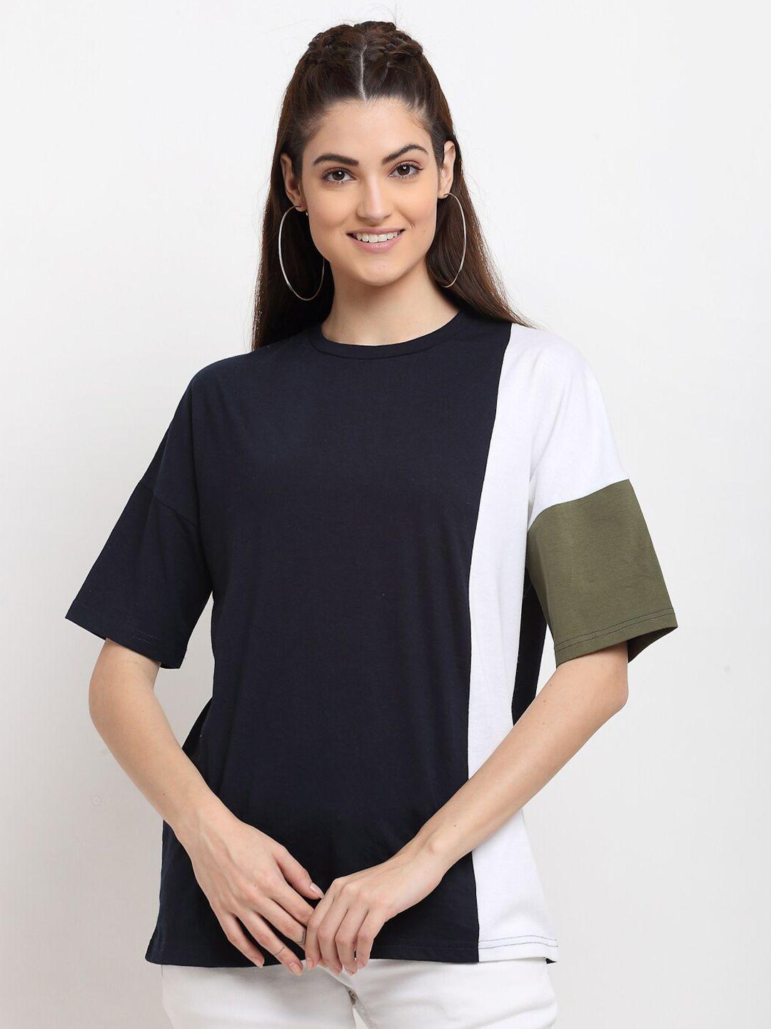 door74 women navy blue & white colourblocked drop-shoulder sleeves boxy t-shirt