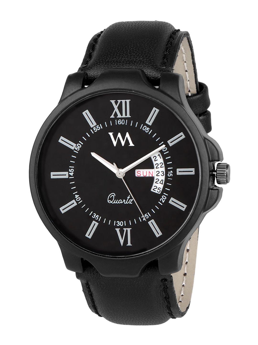 wm women black dial & black leather straps analogue watch intr000142