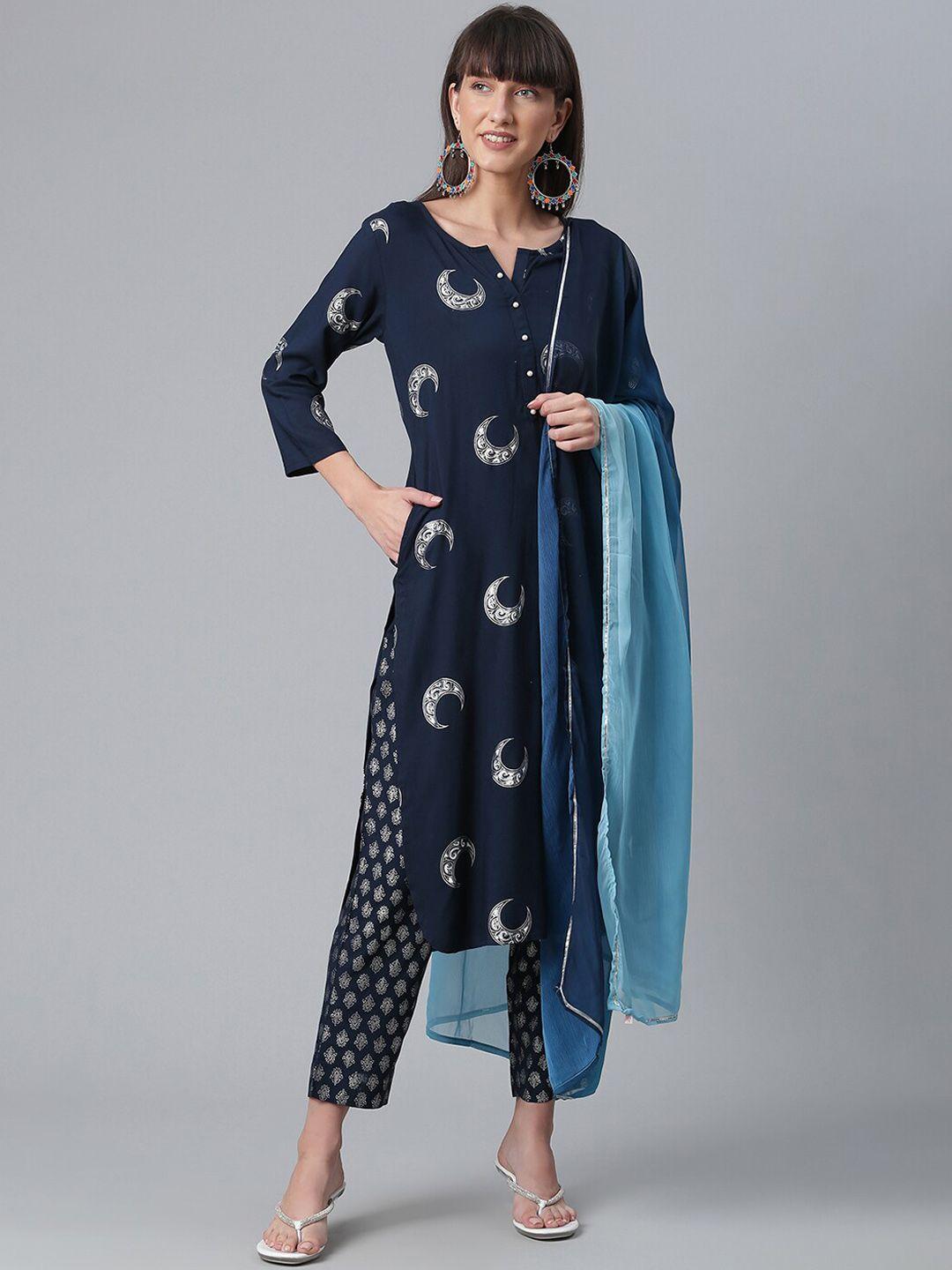 ahalyaa women navy blue printed regular kurta with trousers & with dupatta