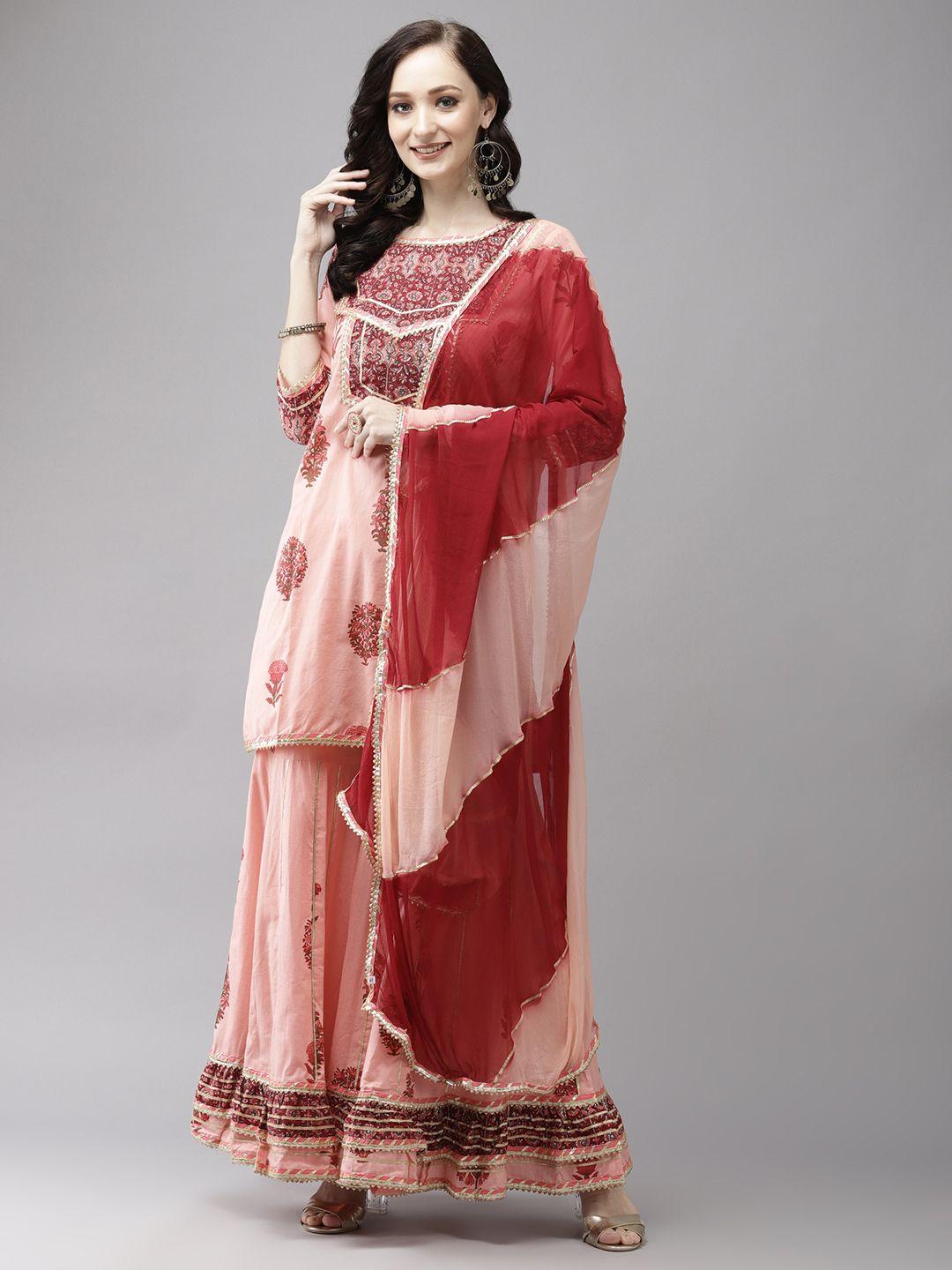 ishin women peach-coloured pure cotton printed gotta patti kurta with sharara & dupatta