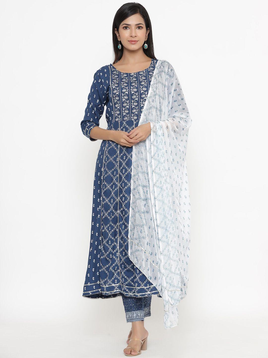 unisets women blue ethnic motifs printed kurta with trousers & with dupatta