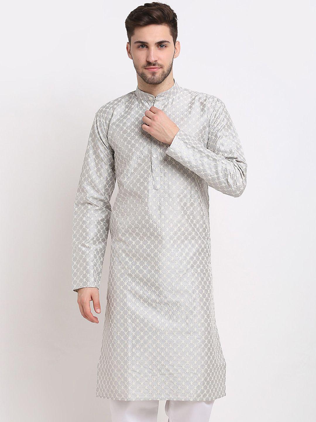 jompers men grey ethnic motifs thread work kurta