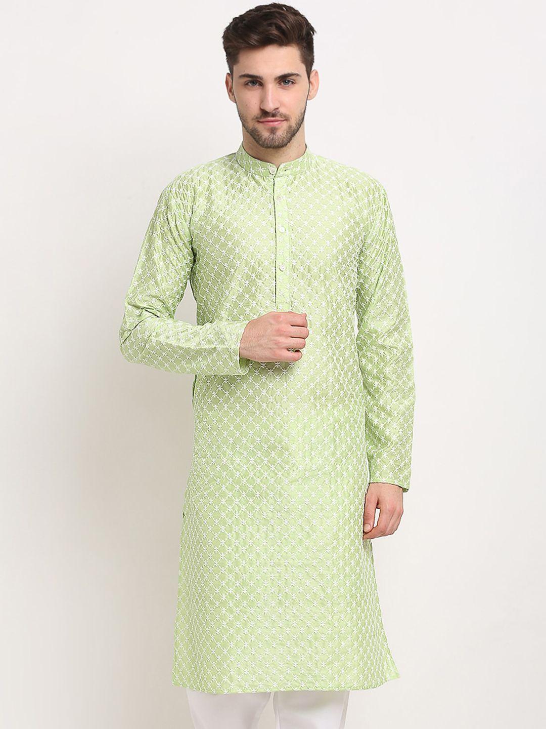 jompers men green embroidered thread work kurta