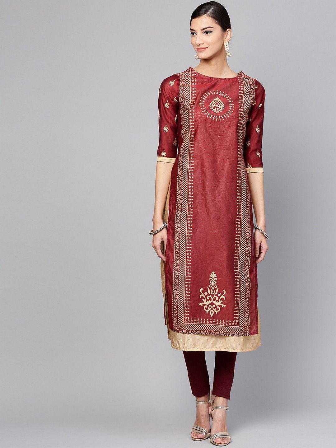 pannkh women maroon & gold-toned ethnic motifs printed chanderi silk chanderi silk kurta