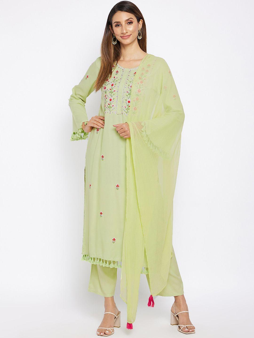 prakhya women green floral embroidered regular  kurta with trousers & dupatta