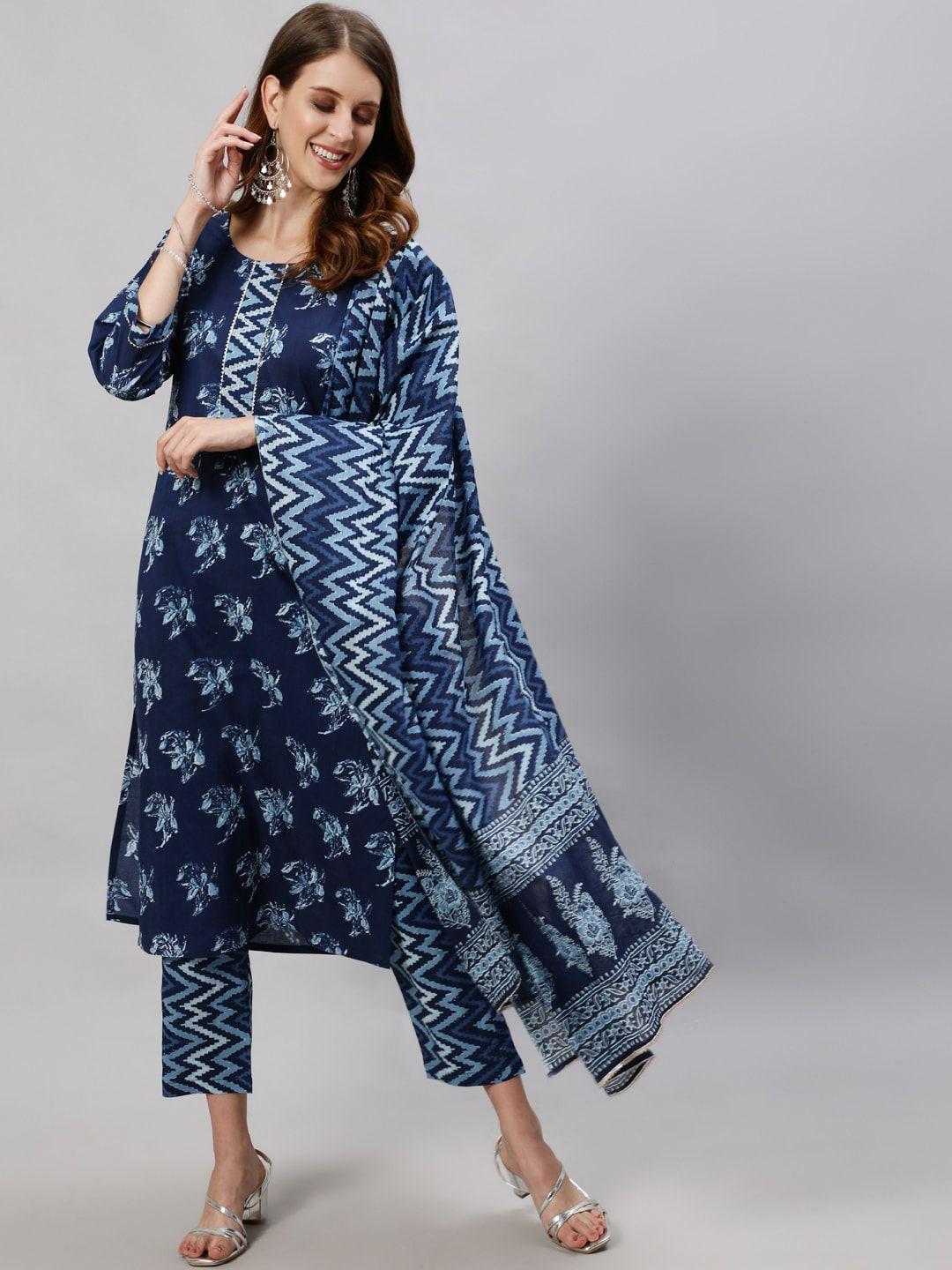 anubhutee women blue printed kurta with trousers & dupatta