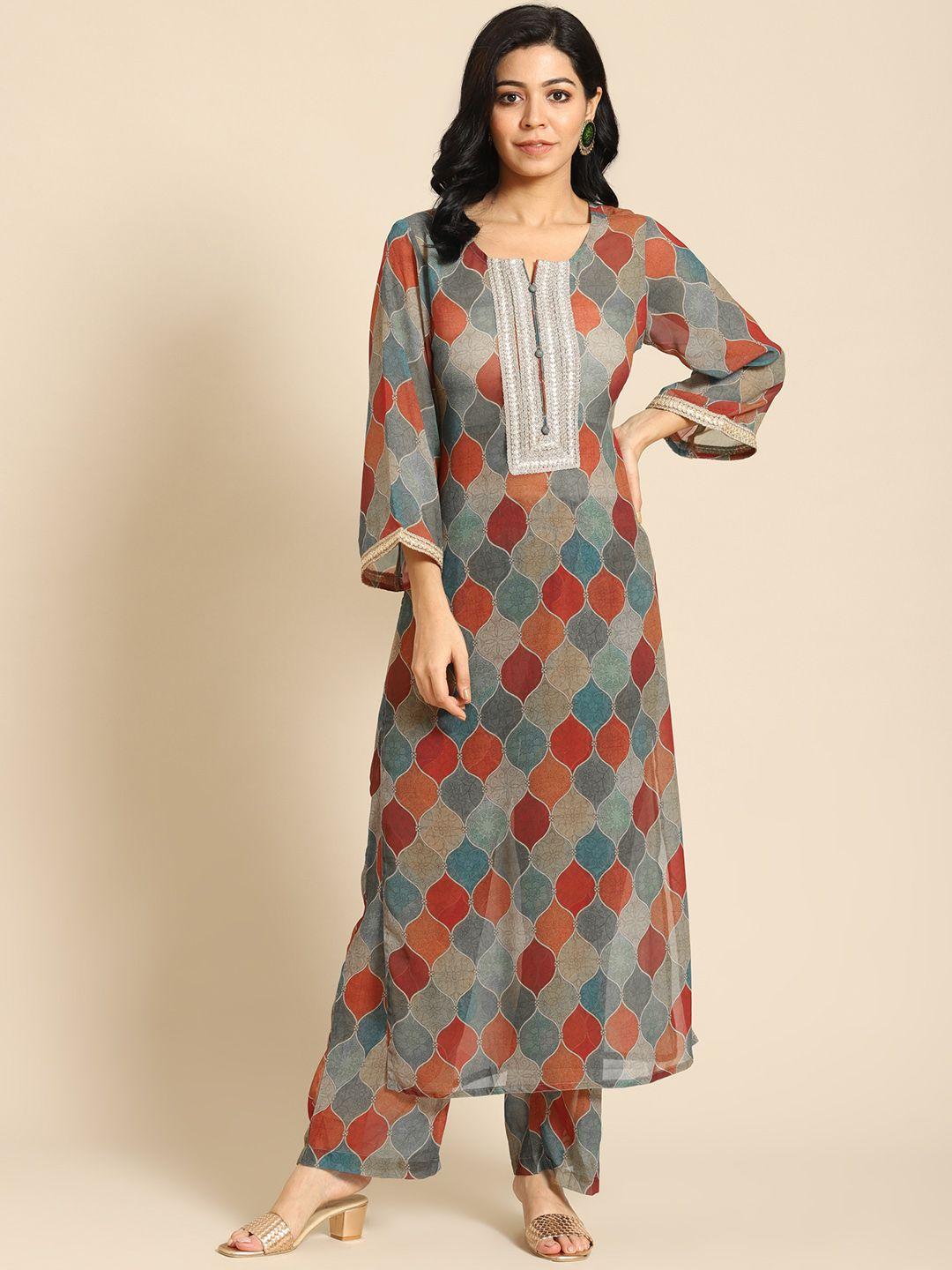 prakrti women green printed regular kurta with palazzos