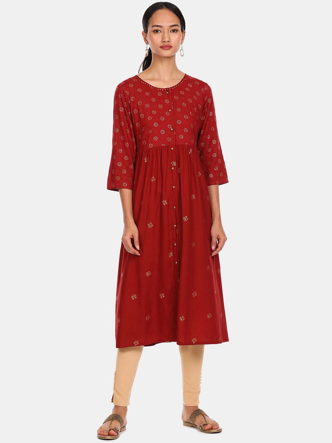 anahi women maroon & gold ethnic motifs printed kurta