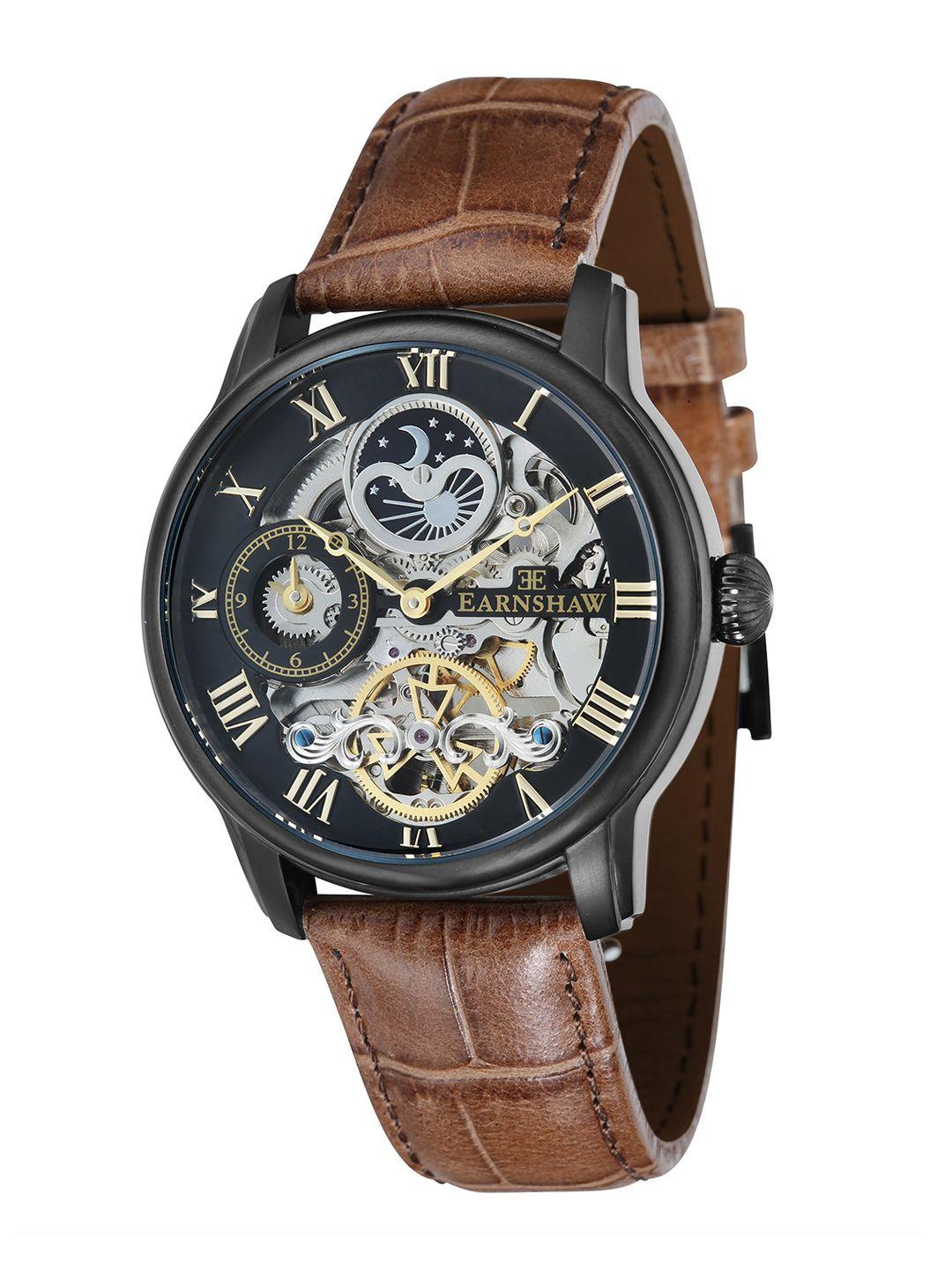 earnshaw men black skeleton dial leather straps analogue automatic motion watch es-8006-10