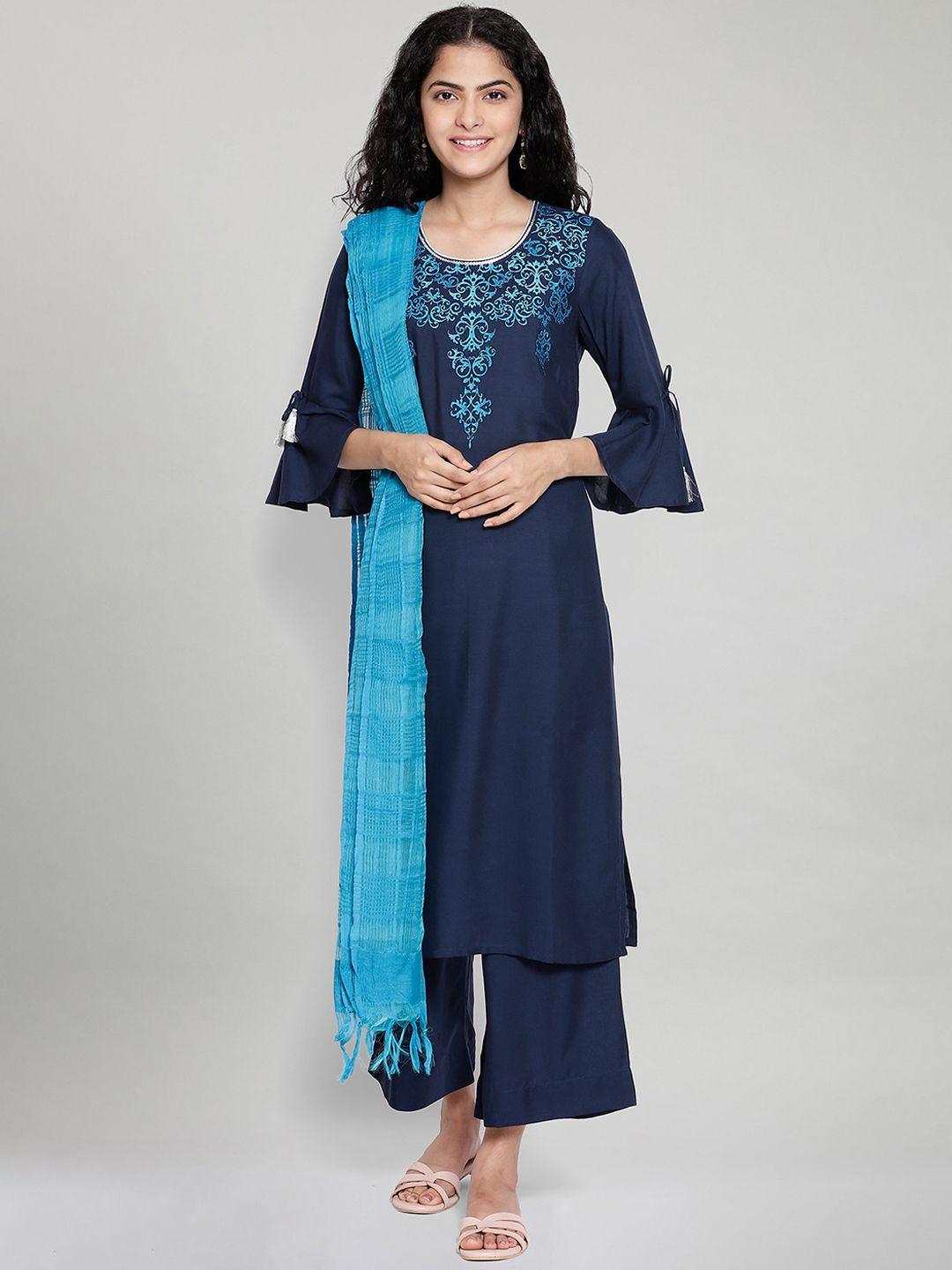 aurelia women blue ethnic motifs embroidered regular kurta with trousers & with dupatta