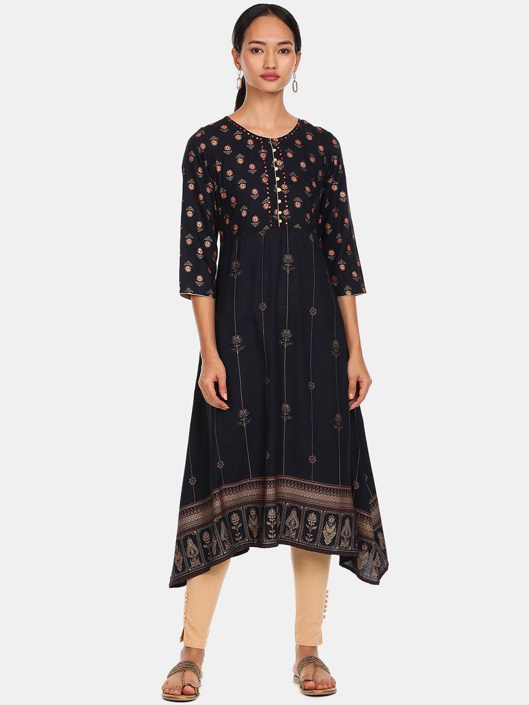 anahi women black floral printed a-line kurta