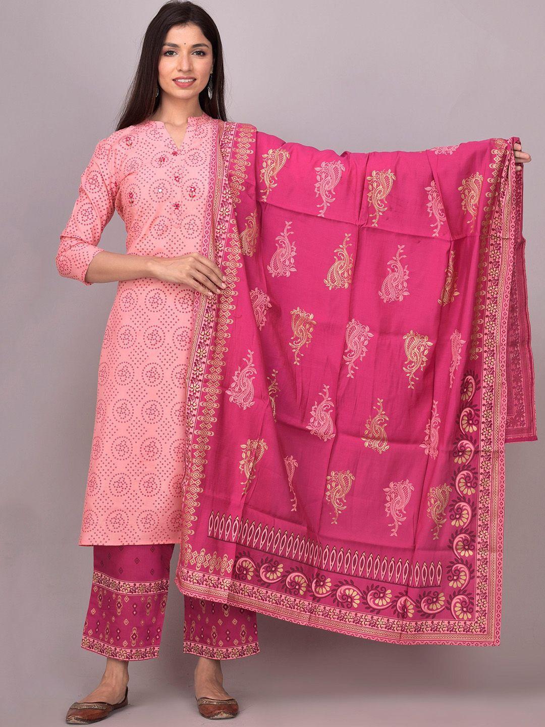 divyank women pink bandhani printed regular kurta with palazzos & with dupatta