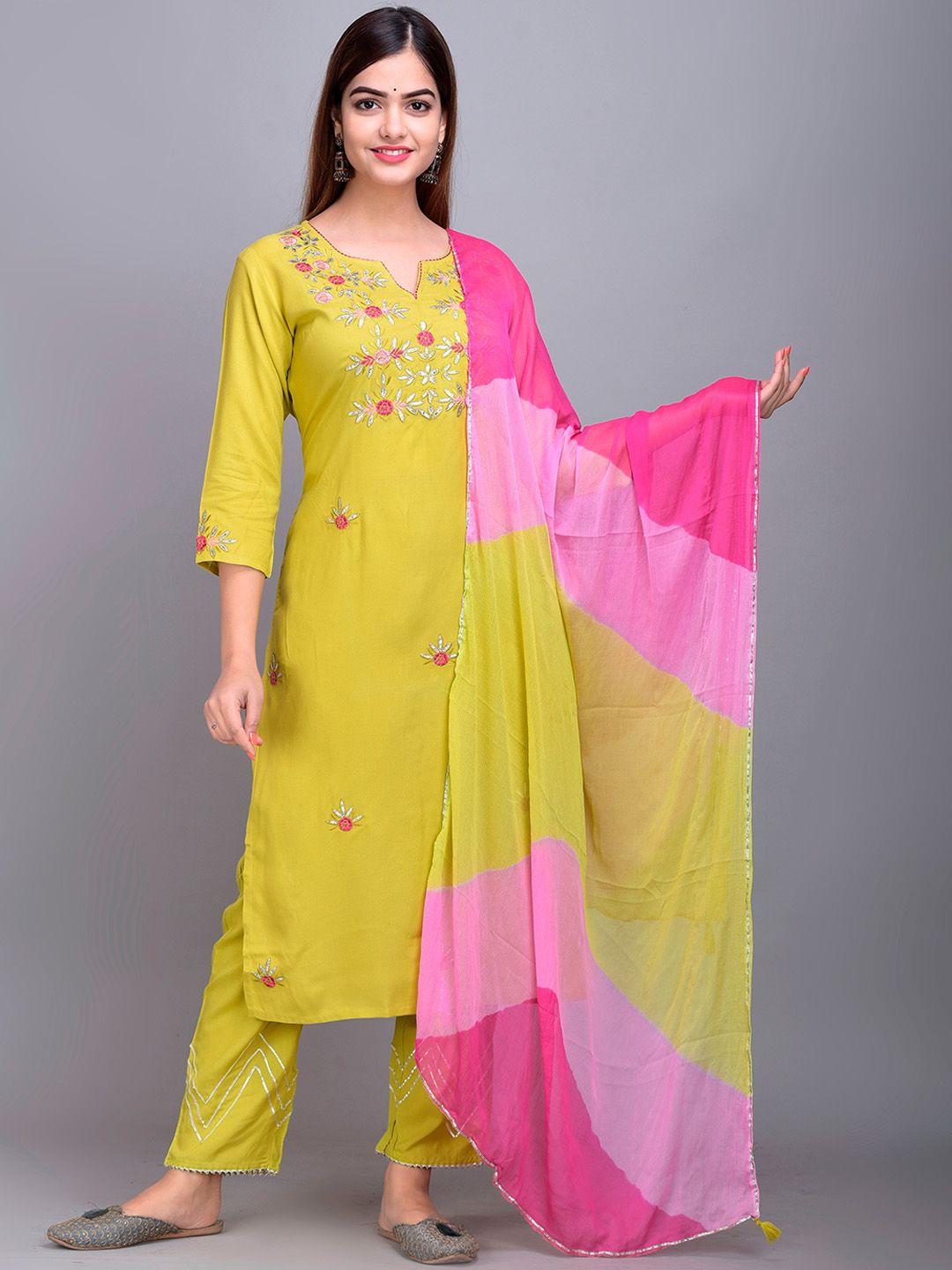 divyank women green floral embroidered regular kurta with palazzos & with dupatta