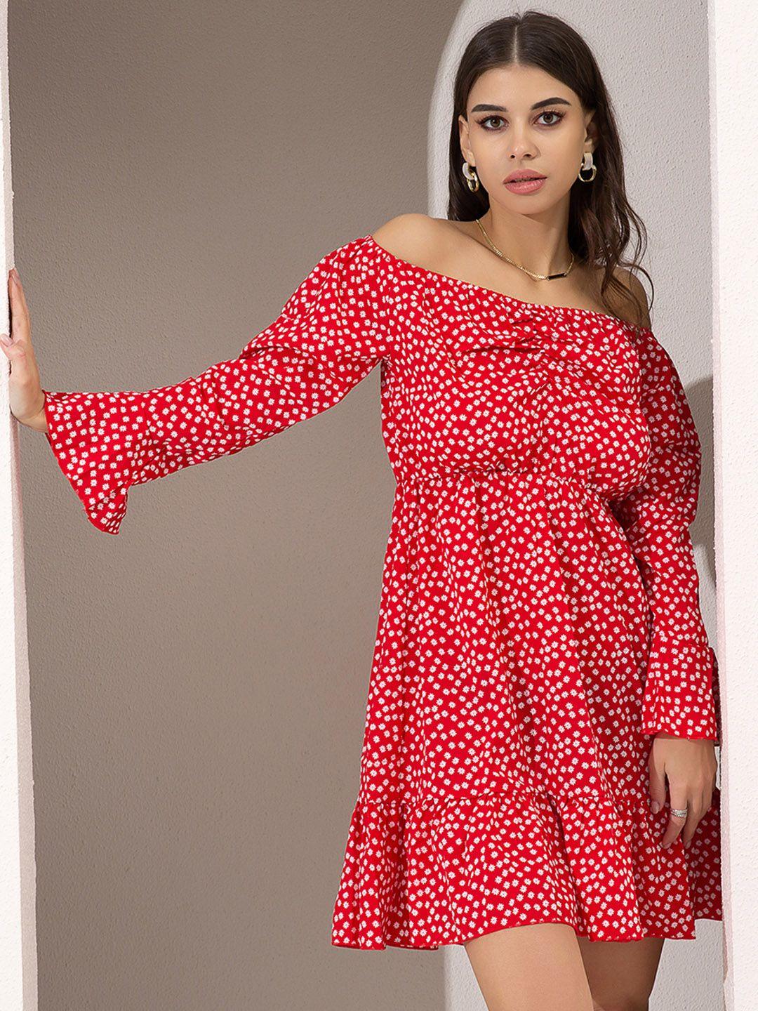 urbanic red & white floral off-shoulder mini fit & flare dress with ruched detail