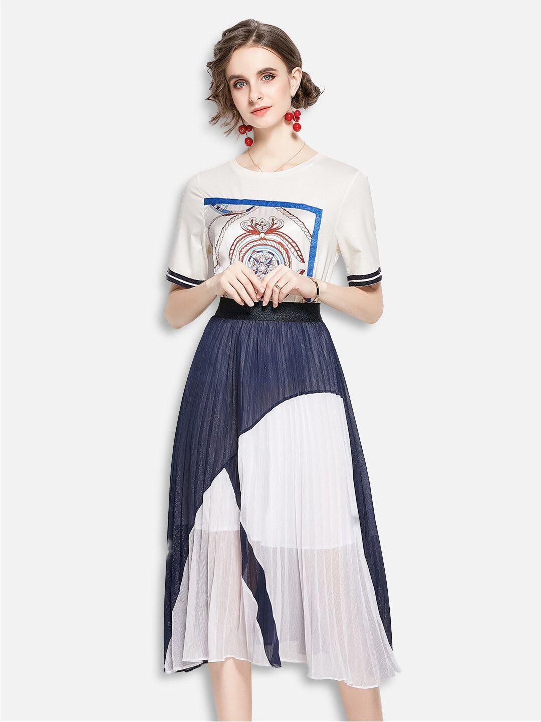 jc collection women white & blue printed t-shirt with skirt