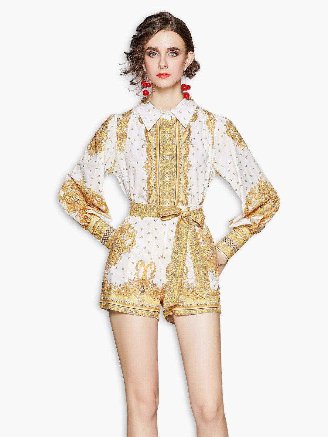 jc collection women yellow & white printed shirt with shorts clothing set