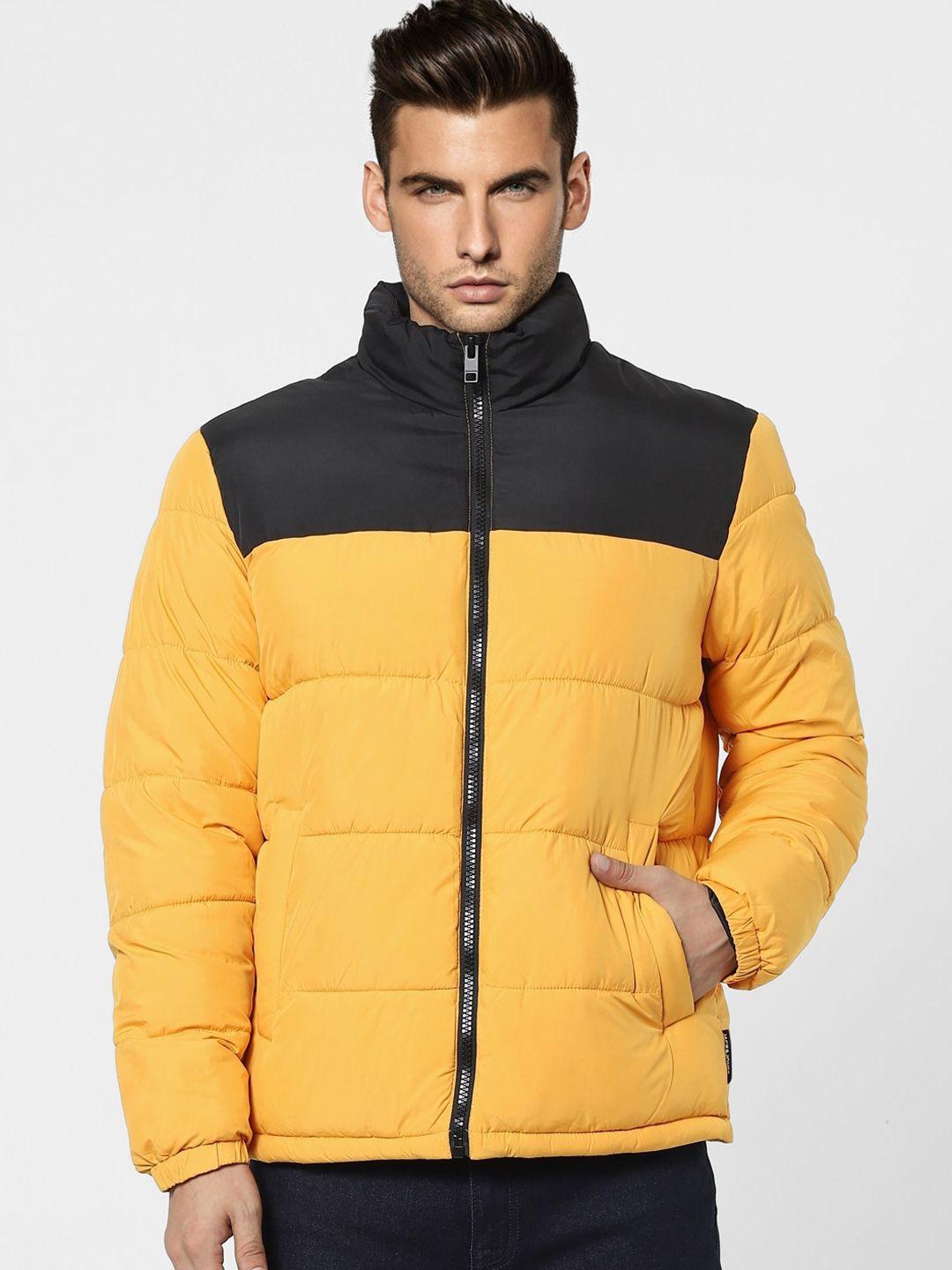 jack & jones men yellow & black colourblocked lightweight puffer jacket