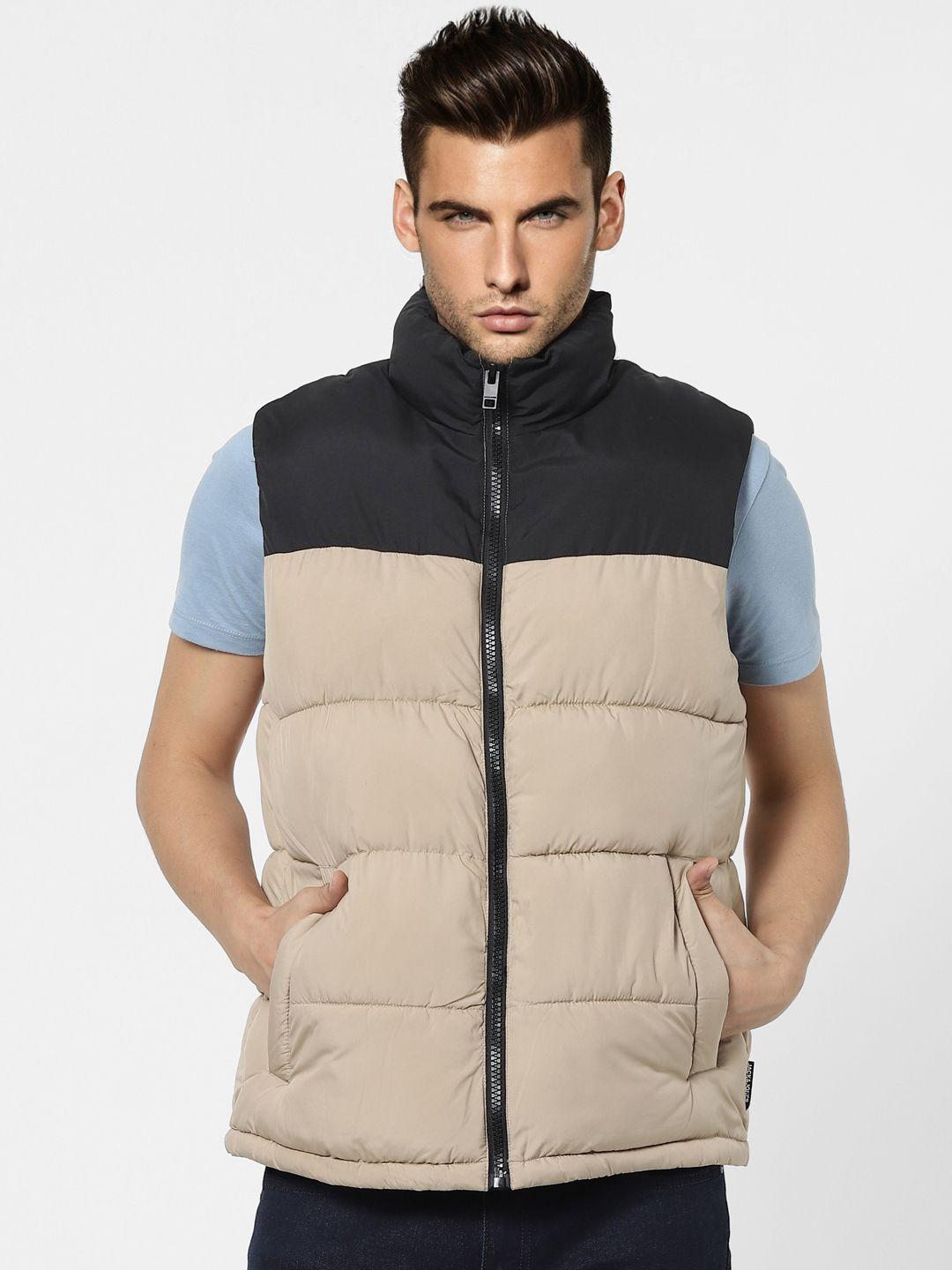 jack & jones men beige & black colourblocked lightweight puffer jacket