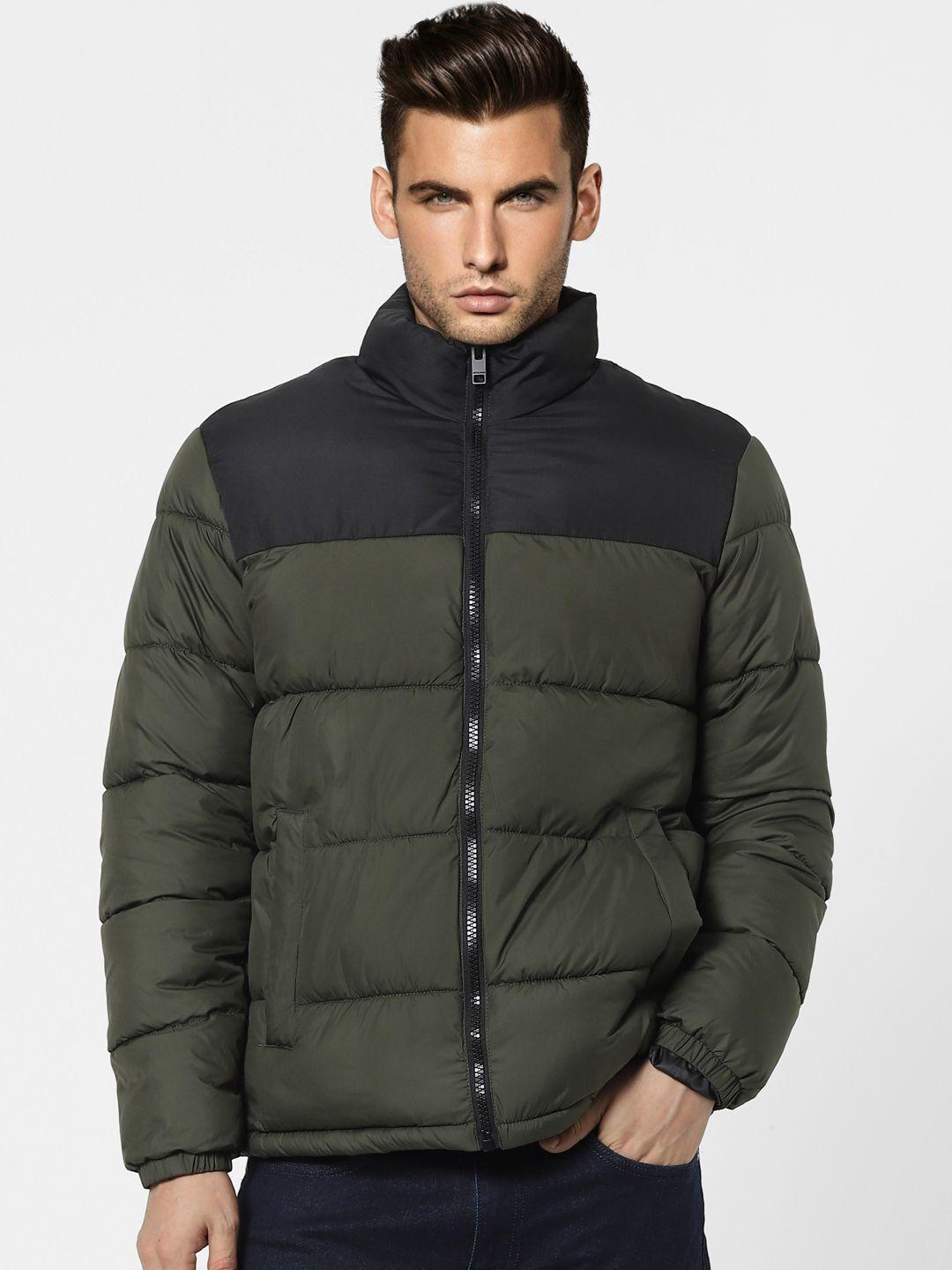 jack & jones men green & black colourblocked lightweight puffer jacket