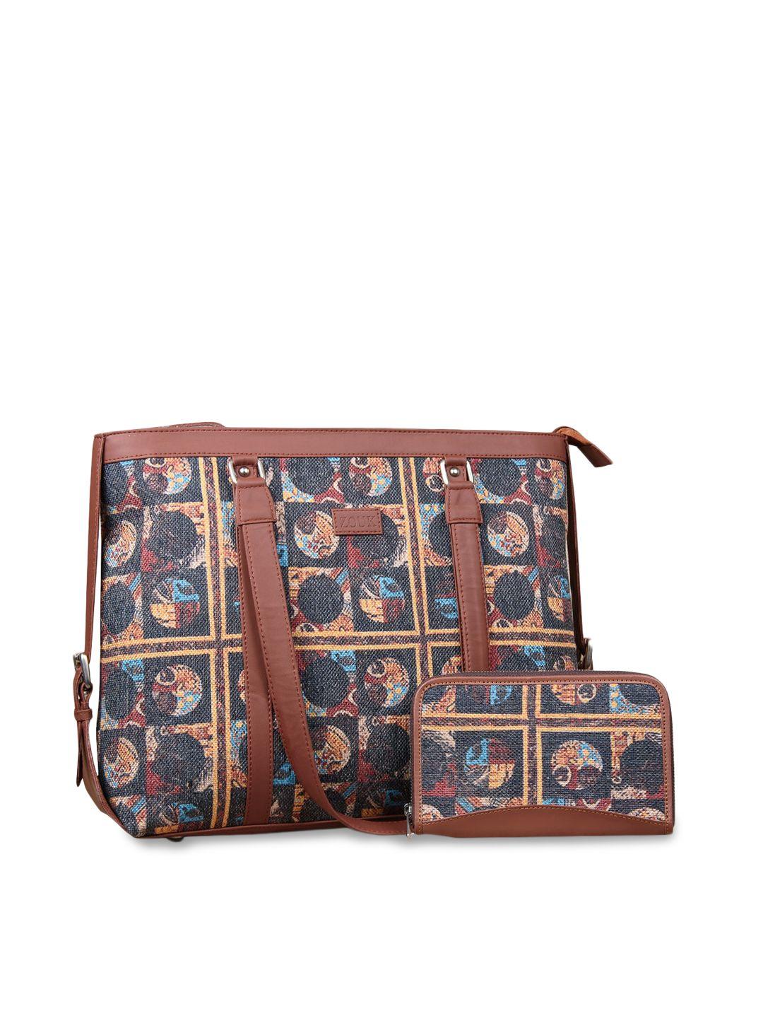 zouk black & brown printed vegan leather office bag with laptop compartment & chain wallet