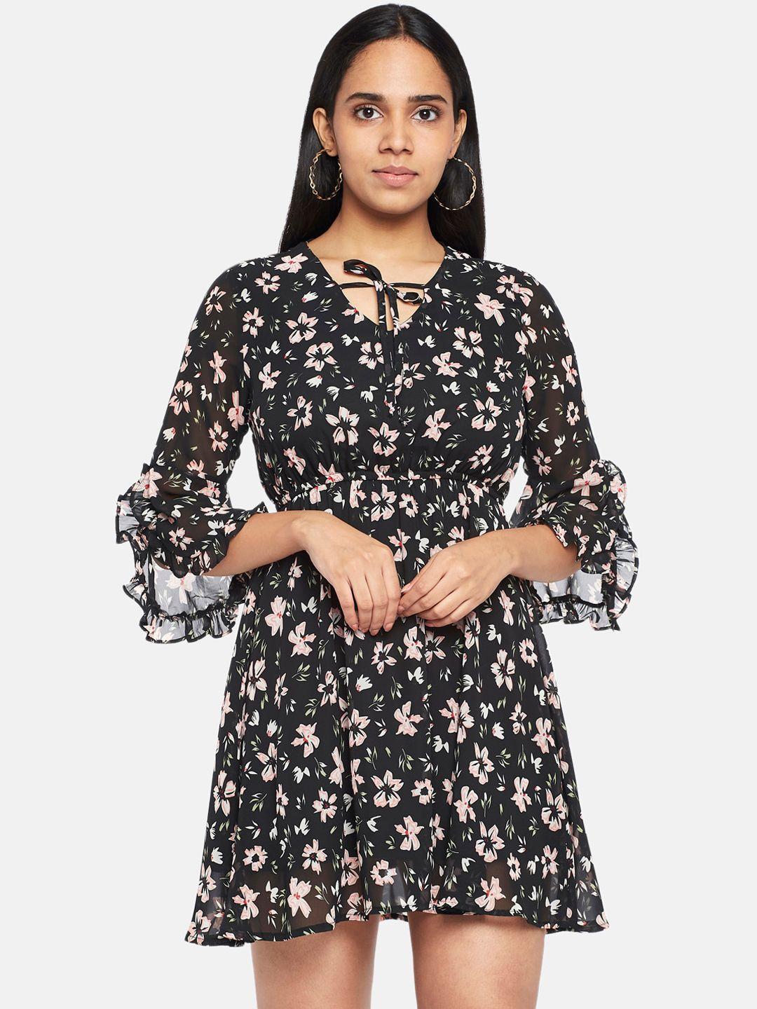 people black & pink floral tie-up neck dress