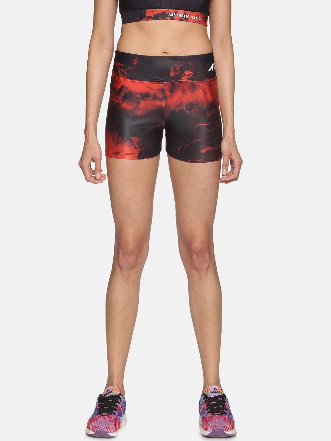 aesthetic nation women red printed slim fit high-rise training or gym sports shorts