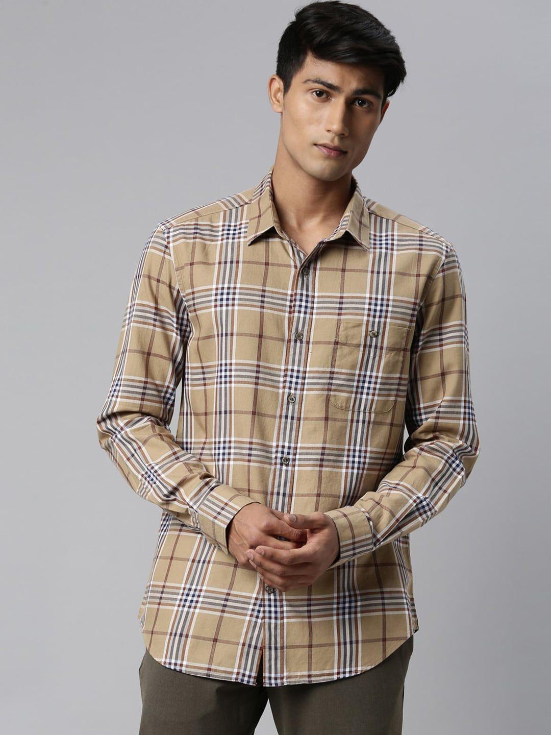 rare rabbit men beige slim fit tartan checks opaque checked casual shirt