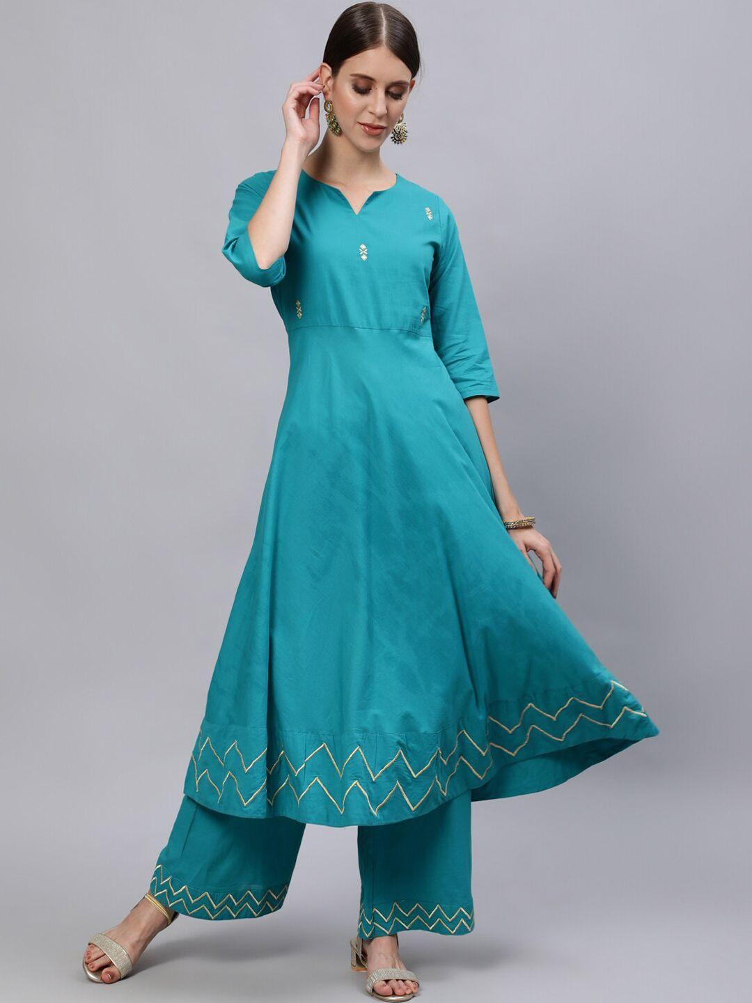 jaipur kurti women teal blue embroidered regular pure cotton kurta with palazzos