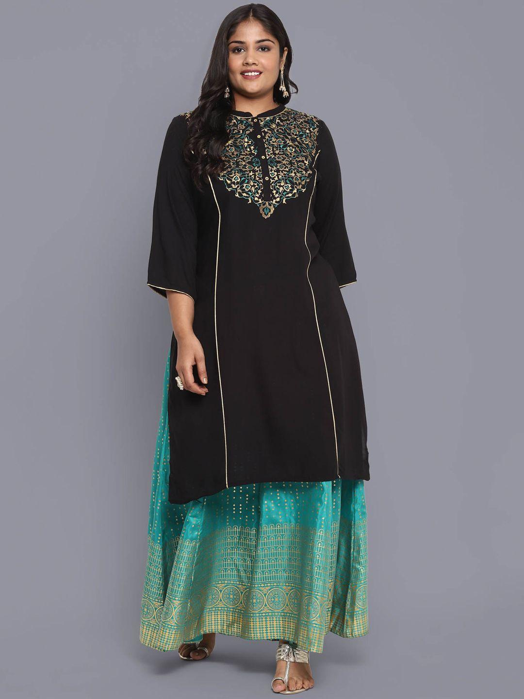 aurelia women black & green ethnic motifs embroidered keyhole neck kurta