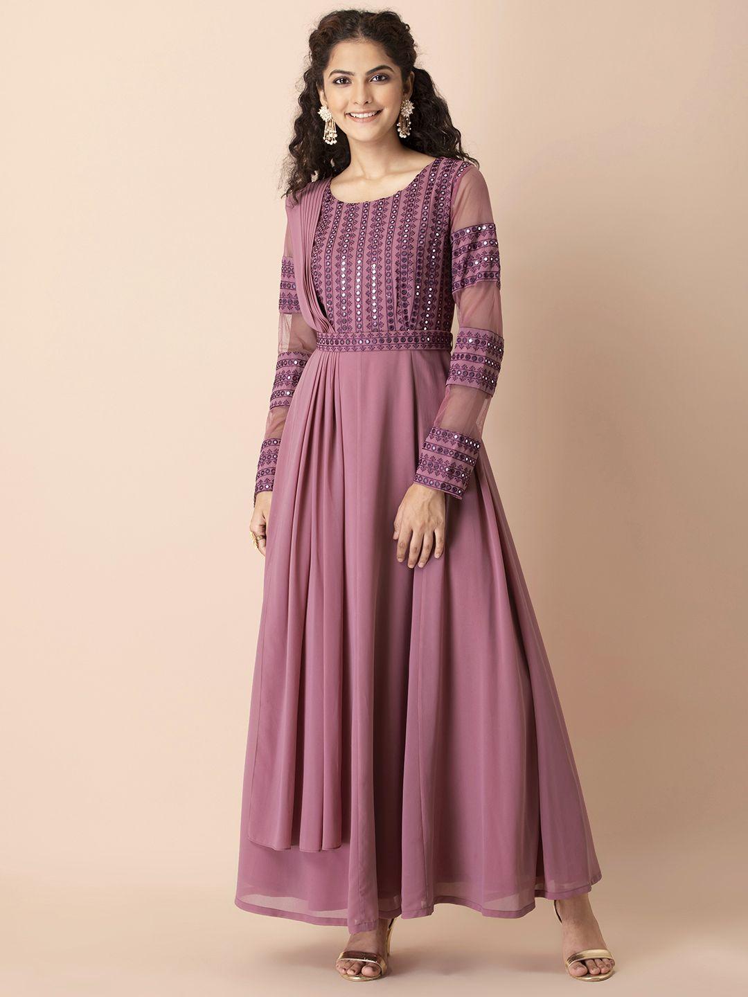 indya mauve mirror embroidered georgette ethnic maxi dress with attached dupatta