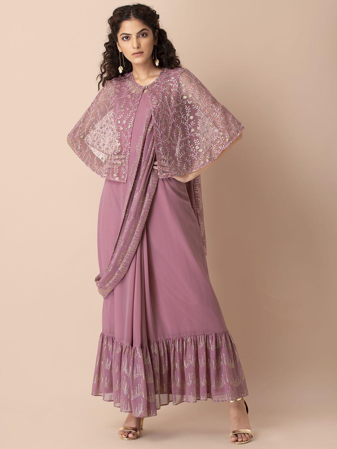 indya x shraddha kapoor pink & gold-toned beads & stones ready to wear embroidered cape saree tunic