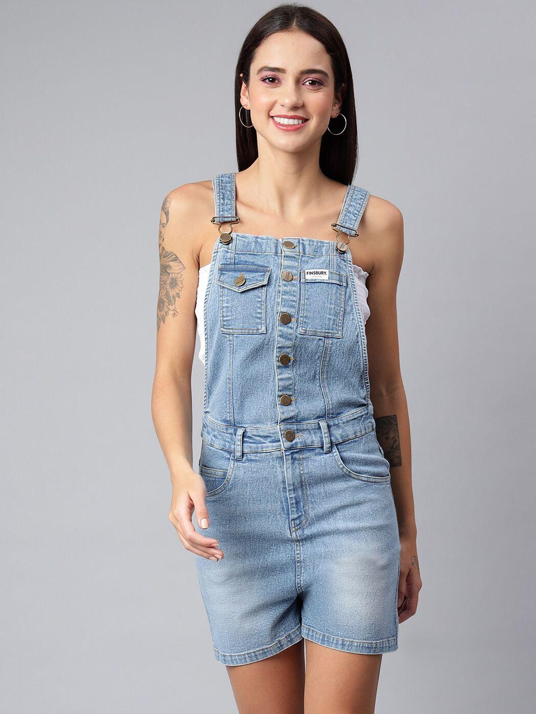 finsbury london women blue solid cotton denim dungarees